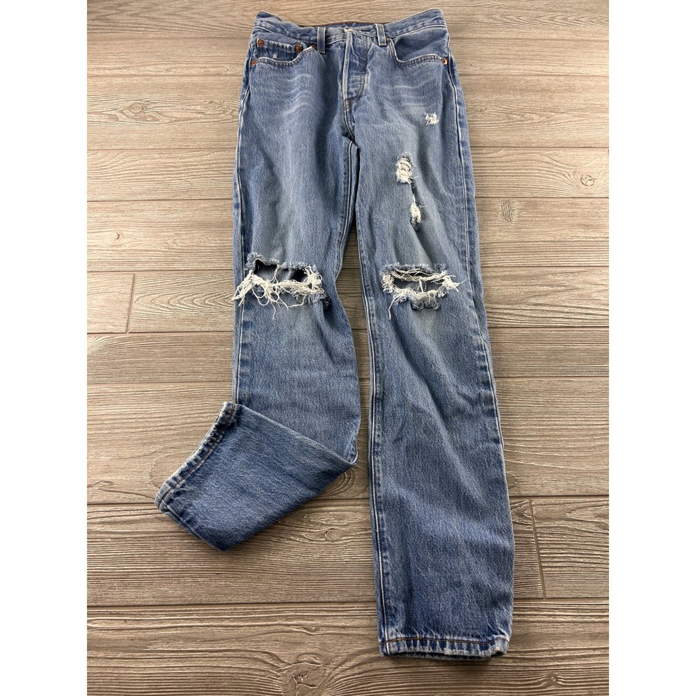 Levis 501 Original Fit Distressed High Rise Straight Leg Blue Jeans W26 L32 1098